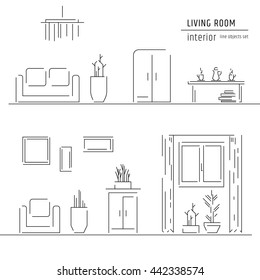 Living room and interior design elements - sofa, armchair, bookcase, table, lamps. Line art vector illustration.