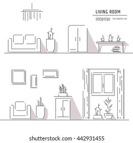 Living room and interior design elements - sofa, armchair, bookcase, table, lamps. Line art with long shadow - vector illustration.