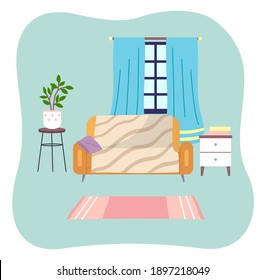 Diseño interior de sala de estar ilustración vectorial plana. Disposición del mobiliario y disposición de los locales en el apartamento. El mobiliario de las habitaciones. Ventana acristalada con cortinas azules y sofá mullido