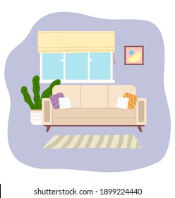 Living room interior design flat vector illustration. Window on the background of a comfortable sofa. Arrangement of furniture and layout of premises in the apartment. Furniture equipment of rooms