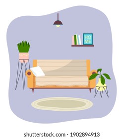Living room interior design flat vector illustration. Soft couch with pillows on a blue background. Arrangement of furniture and layout of premises in the apartment. Furniture divan equipment of rooms