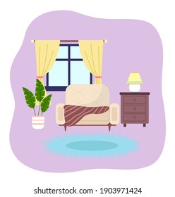Living room interior design flat vector illustration. The houseplant next to armchair covered with a blanket. Arrangement of furniture and layout in the apartment. Glazed window with yellow curtains
