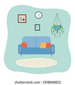 Living room interior design flat vector illustration. Soft couch with pillows on a blue background. Arrangement of furniture and layout of premises in the apartment. Furniture equipment of rooms