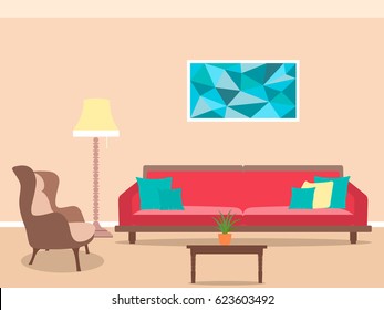Living room interior design in flat style including furniture, lamp, sofa, armchair and tea table. Flat vector illustration.