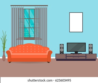 Living room interior design in flat style including furniture, tv, sofa, houseplant and mockup empty frame. Flat vector illustration.