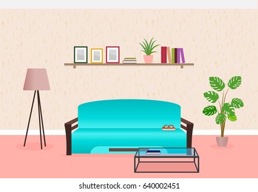 Living room interior design in flat style including furniture, sofa, glass table, lamp and bookshelf. Flat vector illustration.
