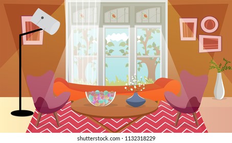 Living room interior design with floor lamp, sofa set and nature view outside of window.
