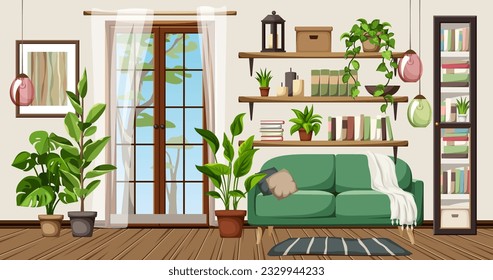 Living room interior design with French doors, a green sofa, bookshelves, a bookcase, and houseplants. Cozy room interior design. Cartoon vector illustration