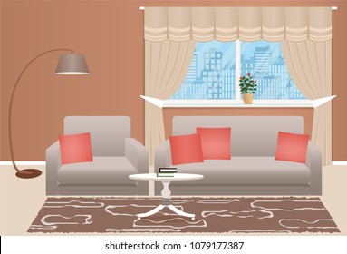 Living room interior design with furniture. Domestic room with sofa, armchair, floor lamp and window. Flat style.