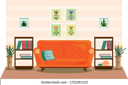 Living room interior design with furniture: sofa, bookcase, flower vase and picture frames. Flat style vector illustration