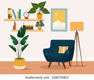 Living room interior, interior design. Furniture: armchair, floor lamp, book shelves, painting, flowers in pots. Flat style vector illustration