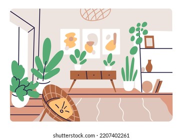 Living room interior design with furniture. Furnished apartment with cozy chair, house plants, chest of drawers, shelf, wall pictures. Inside home lounge, livingroom. Flat vector illustration