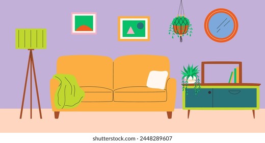 Living room interior design with furniture and macrame plant. Vector illustration.
