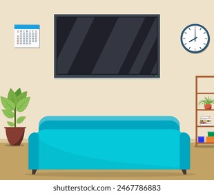 Living room interior design with furniture sofa, tv, clock. Vector illustration in flat style