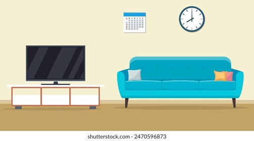 Living room interior design with furniture sofa, tv, clock. Vector illustration in flat style