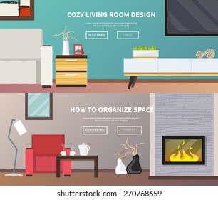 Living room interior design and furniture horizontal banner set isolated vector illustration