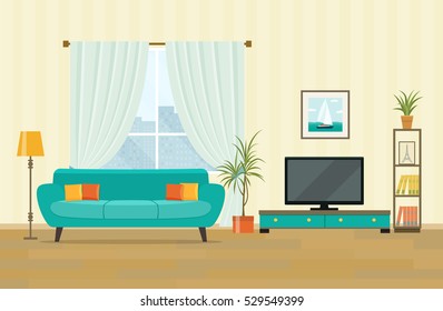 Living room interior design with furniture: sofa, bookcase, tv, lamps. Flat style vector illustration - Shutterstock ID 529549399