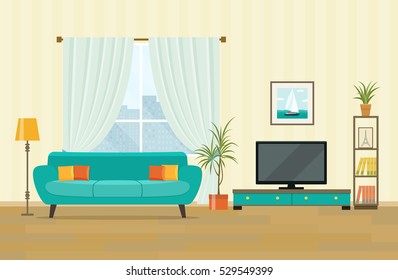 Living Room Interior Design With Furniture: Sofa, Bookcase, Tv, Lamps. Flat Style Vector Illustration