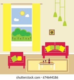 Living room interior design with furniture: sofa, flowerpot,picture,chandelier. Flat style vector illustration