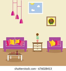  Living room interior design with furniture: sofa,?handelier, window, flowerpot,. Flat style vector illustration.