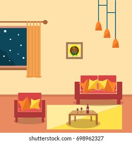 Living room interior design with furniture: sofa,chandelier, TV, window flowerpot,. Flat style vector illustration, flat design.