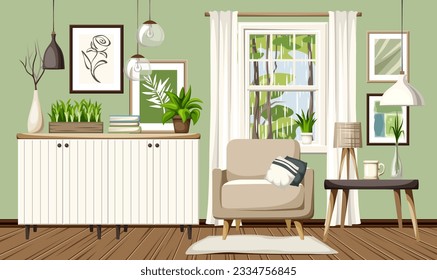 Living room interior design with green walls, an armchair, a white dresser, pendant light, and a window with rain outside it. Cozy room interior design. Cartoon vector illustration