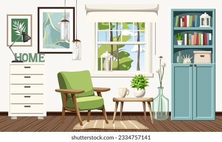 Decoración interior de salón con sillón verde, biblioteca azul, vestidor blanco, cuadros en la pared y luz tenue. El acogedor diseño interior de las habitaciones. Ilustración vectorial de dibujos animados