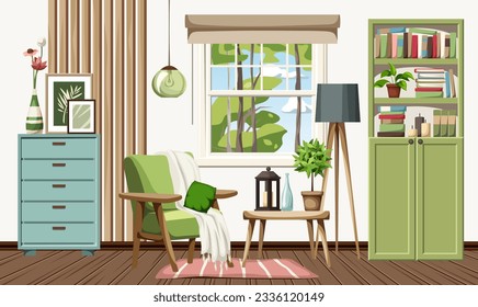 Living room interior design with a green armchair, a green bookcase, a blue dresser, and wooden slats on the wall. Cozy room interior design. Cartoon vector illustration