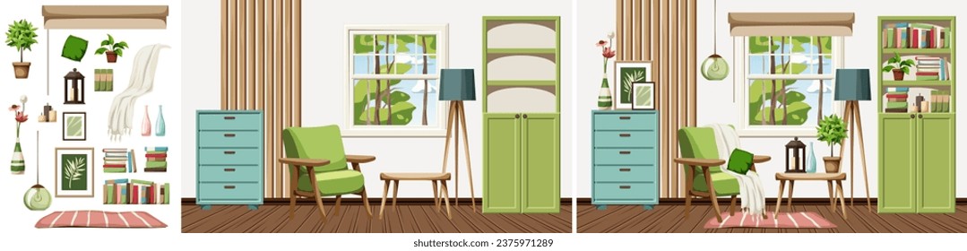 Living room interior design with a green armchair, a green bookcase, a blue dresser, and wooden slats on the wall. Home decoration before and after. Interior constructor. Handmade illustration, not AI