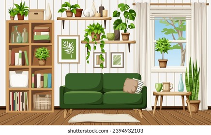Living room interior design with a green sofa, a shelving, a table, a window, and houseplants. Cozy room interior design. Cartoon vector illustration. Hand-drawn illustration, not AI