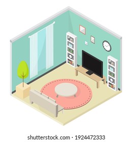 Living room interior design in isometric 3d style . Vector illustration.