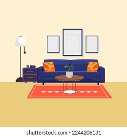 Living room interior design. Line art room in flat design. Linear vector illustration. Vintage house equipment. Home space with sofa, armchair and coffee table.