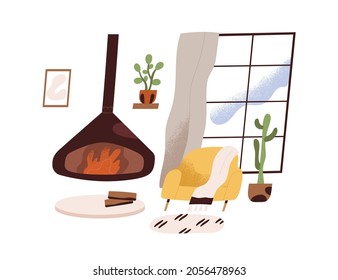 Living room interior design with modern fireplace and armchair with plaid. Cozy Scandinavian home with window and plants. Flat vector illustration of empty livingroom isolated on white background