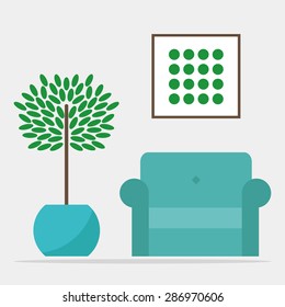 Living room interior design. Modern isolated armchair and flowerpot on grey background. Flat style vector illustration. 