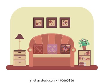 Living room interior design with modern furniture: sofa, table lamp, bookcase, pictures, drawer unit, Flat style vector illustration.