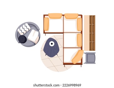 Living room interior design overhead. Corner sofa, couch, armchair, cushions, coffee table, cupboard, furniture in home lounge area, top view. Flat vector illustration isolated on white background