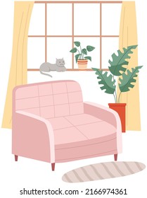 Living room interior design. Premice with chair, decor accessories. Planning and arrangement of furniture in room for rest. Armchair place to relax next to window with cat. Comfortable apartment