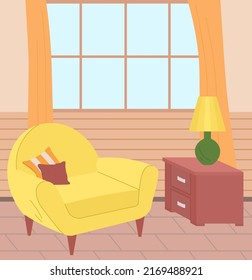 Living room interior design. Premice with armchair decor accessories. Planning and arrangement of furniture in room for rest. Armchair place to relax next to window. Contemporary comfortable apartment