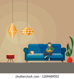 Living room interior design with reading girl with some furniture  (sofa,vase, coffe table, lamps and books). Flat  vector illustration
