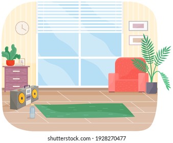 Living room interior design with red chair. green carpet, pictures on wall and potted plant. Arrangement of furniture and layout of premises in apartment. Glazed window and modern soft armchair