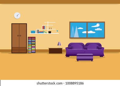 living room interior design relax with sofa purple and bookshelf window in wall yellow background. vector illustration