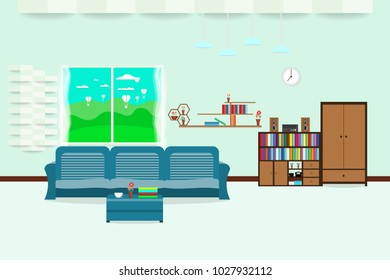 living room interior design relax with sofa  and bookshelf window sky cloud landscape meadow in wall Light Blue background. vector illustration