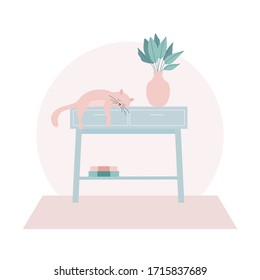 Living room interior design with sleeping cat and furniture: console table, vase with flowers,books and carpet.Modern interior design flat vector illustration.