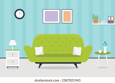 Diseño interior de salón con refrescos, mesas laterales, advertencias, lámpara, reloj, estantería, marco de pared, flor y taza de té. Ilustración plana vectorial.