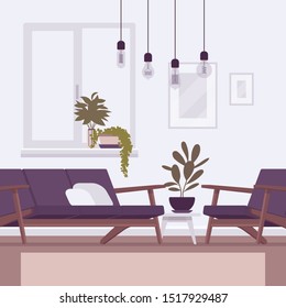 Living room interior and design. Sofa, armchair and hanging edison pendant lamps to create a warm and inviting living space, comfy, stylish seating area. Vector flat style cartoon illustration