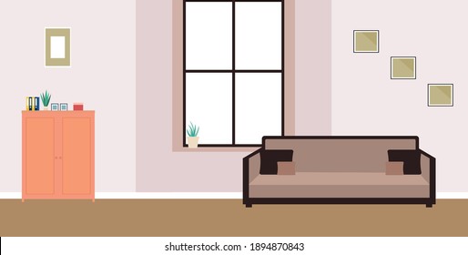 Living room interior design with sofa, wardrobe.