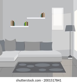 Living room interior design with sofa, lamp, carpet, and getting sunlight from the window. Vector illustration design