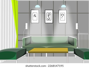 Living room interior design with sofa, light, table, room heater,  paintings.  Flat style vector illustration