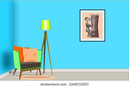 Living room interior design with sofa, light, wall clock,  vas, flower, book,  red carpet,  paintings.  Flat style vector illustration