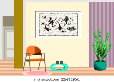 Decoración interior de salón con sofá, luz, reloj de pared, lona, flor, libro, alfombra roja, cuadros.  Ilustración vectorial de estilo plano